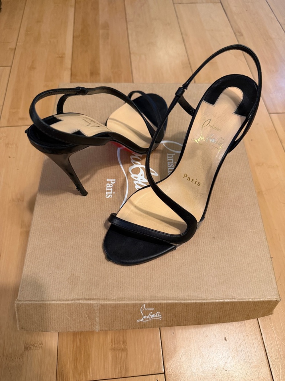 Christian Louboutin Black Strappy Satin Slingback Heels